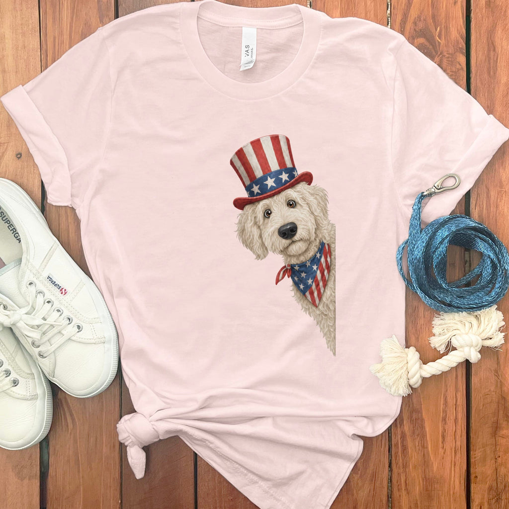Patriotic Peeking Cream Goldendoodle T-Shirt in Soft Pink / S by Puppy Jo