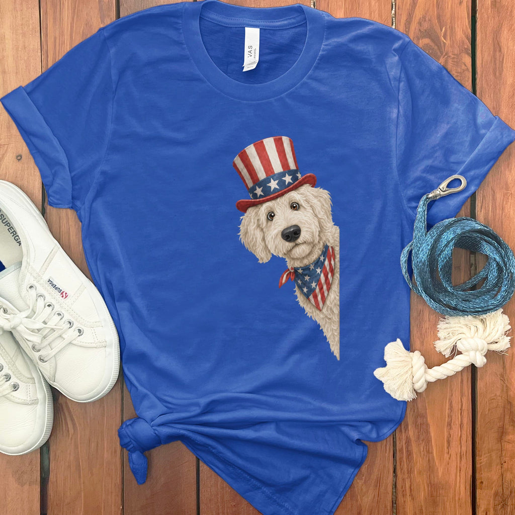 Patriotic Peeking Cream Goldendoodle T-Shirt in True Royal / S by Puppy Jo