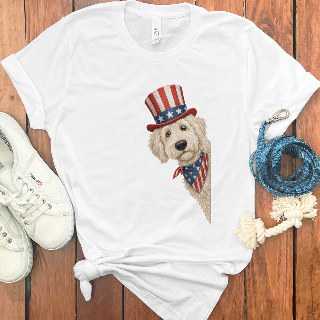 Patriotic Peeking Cream Goldendoodle T-Shirt in White / S by Puppy Jo