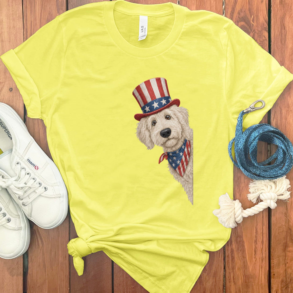 Patriotic Peeking Cream Goldendoodle T-Shirt in Yellow / S by Puppy Jo