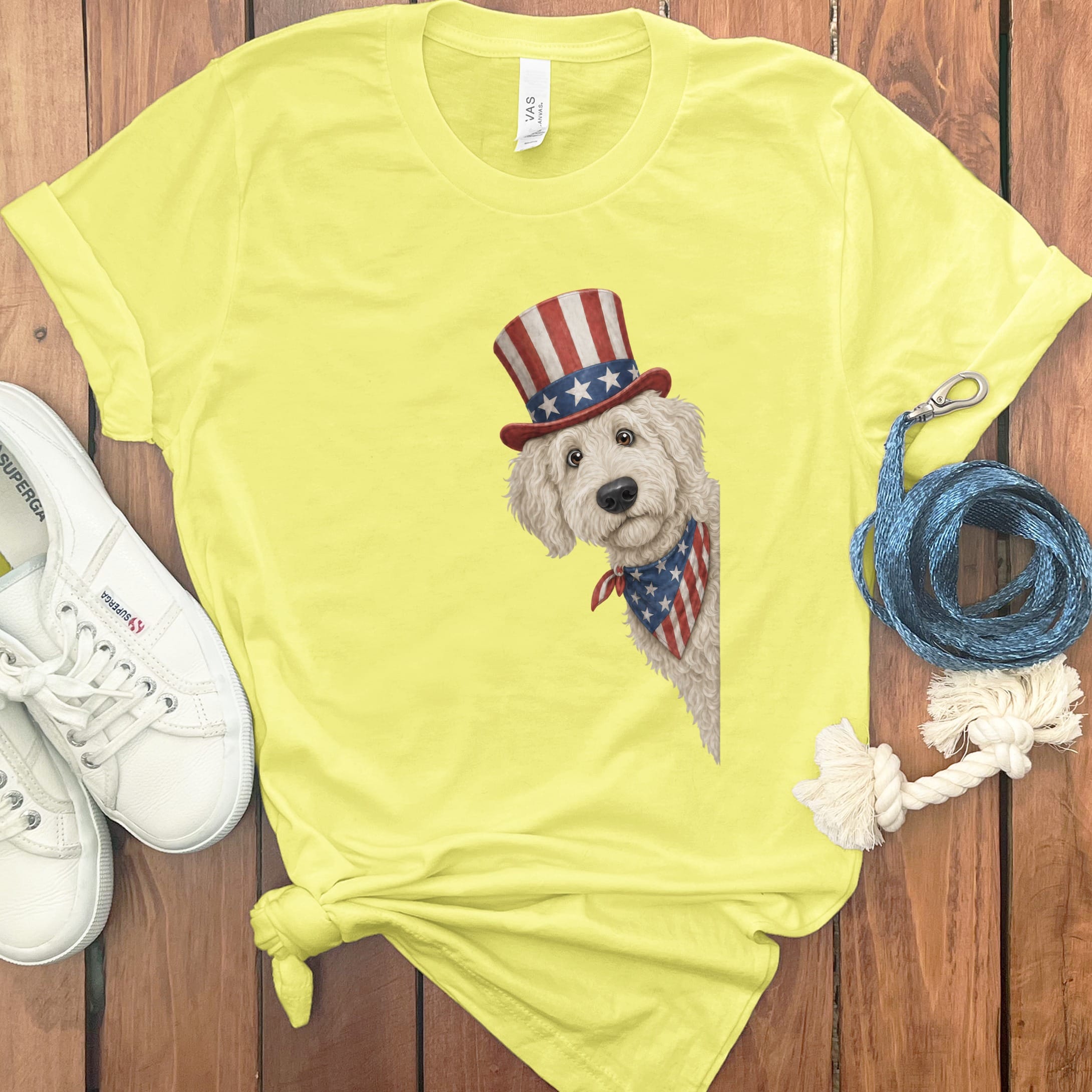 Patriotic Peeking Cream Goldendoodle T-Shirt in Yellow / S by Puppy Jo