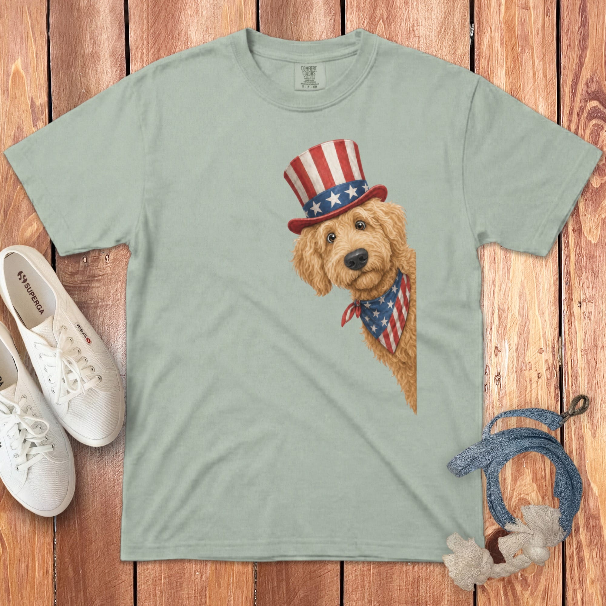 Patriotic Peeking Golden Goldendoodle Signature T-Shirt in Bay / S by Puppy Jo