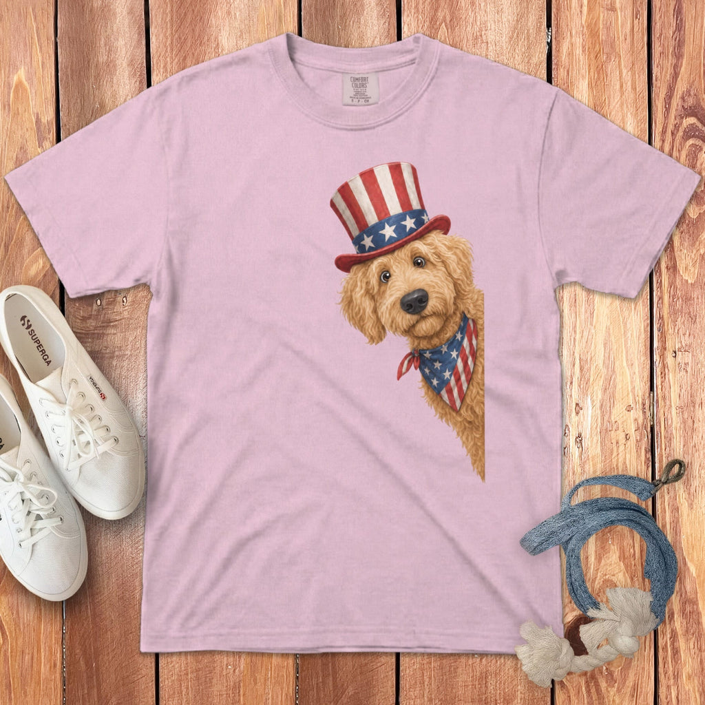 Patriotic Peeking Golden Goldendoodle Signature T-Shirt in Blossom / S by Puppy Jo