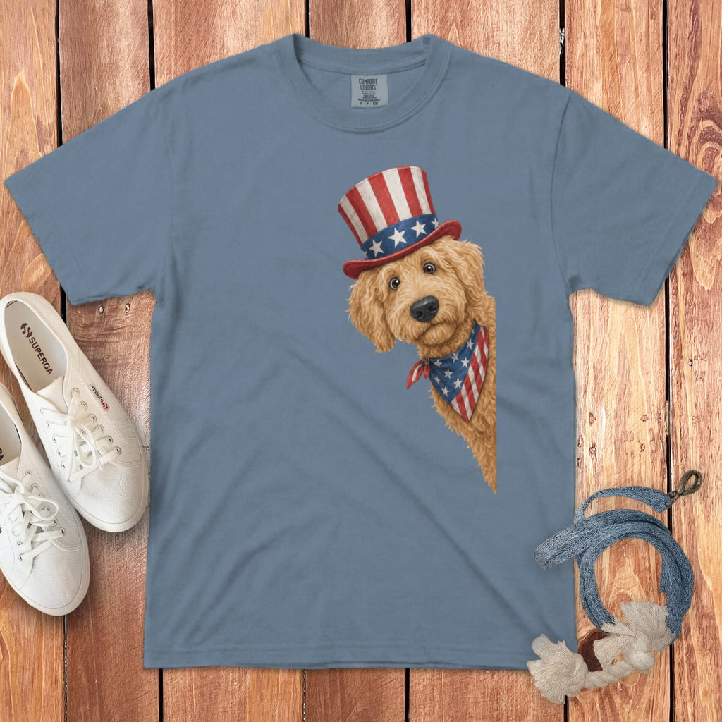Patriotic Peeking Golden Goldendoodle Signature T-Shirt in Blue Jean / S by Puppy Jo
