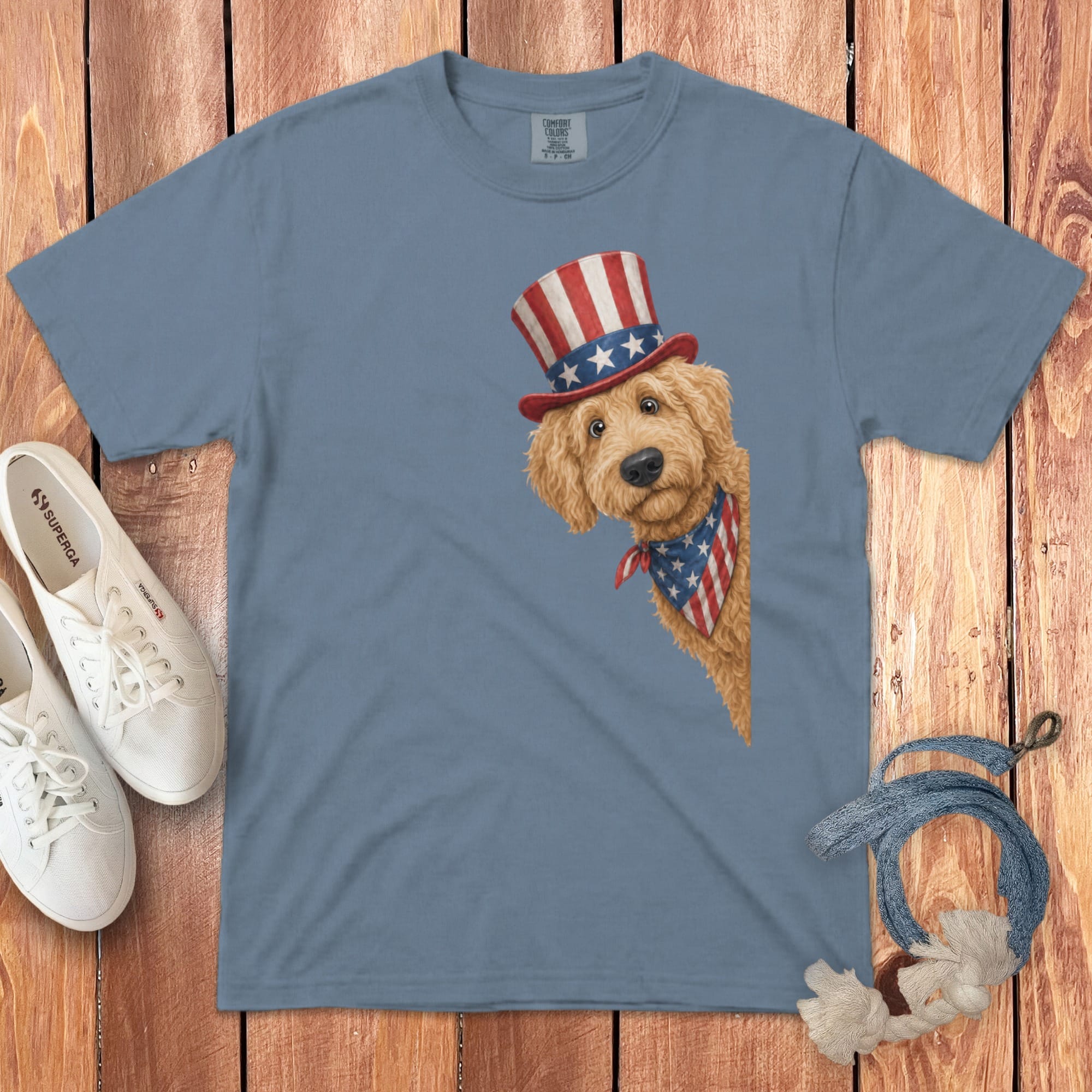 Patriotic Peeking Golden Goldendoodle Signature T-Shirt in Blue Jean / S by Puppy Jo