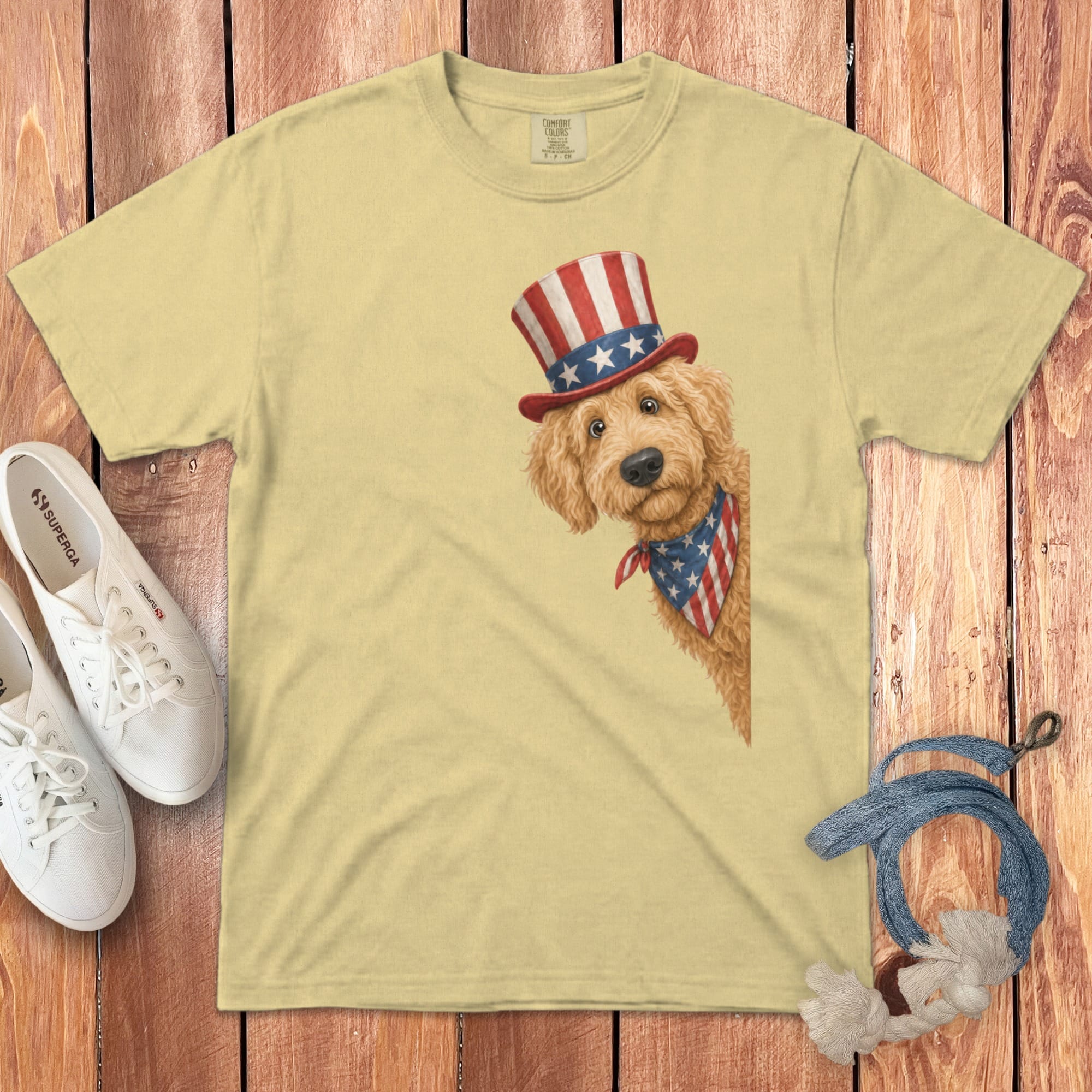 Patriotic Peeking Golden Goldendoodle Signature T-Shirt in Butter / S by Puppy Jo