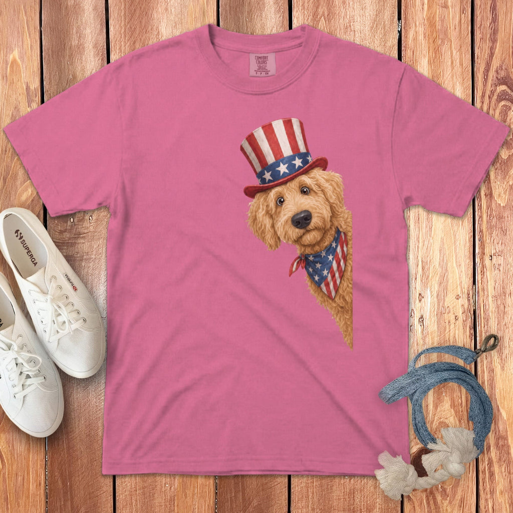Patriotic Peeking Golden Goldendoodle Signature T-Shirt in Crunchberry / S by Puppy Jo