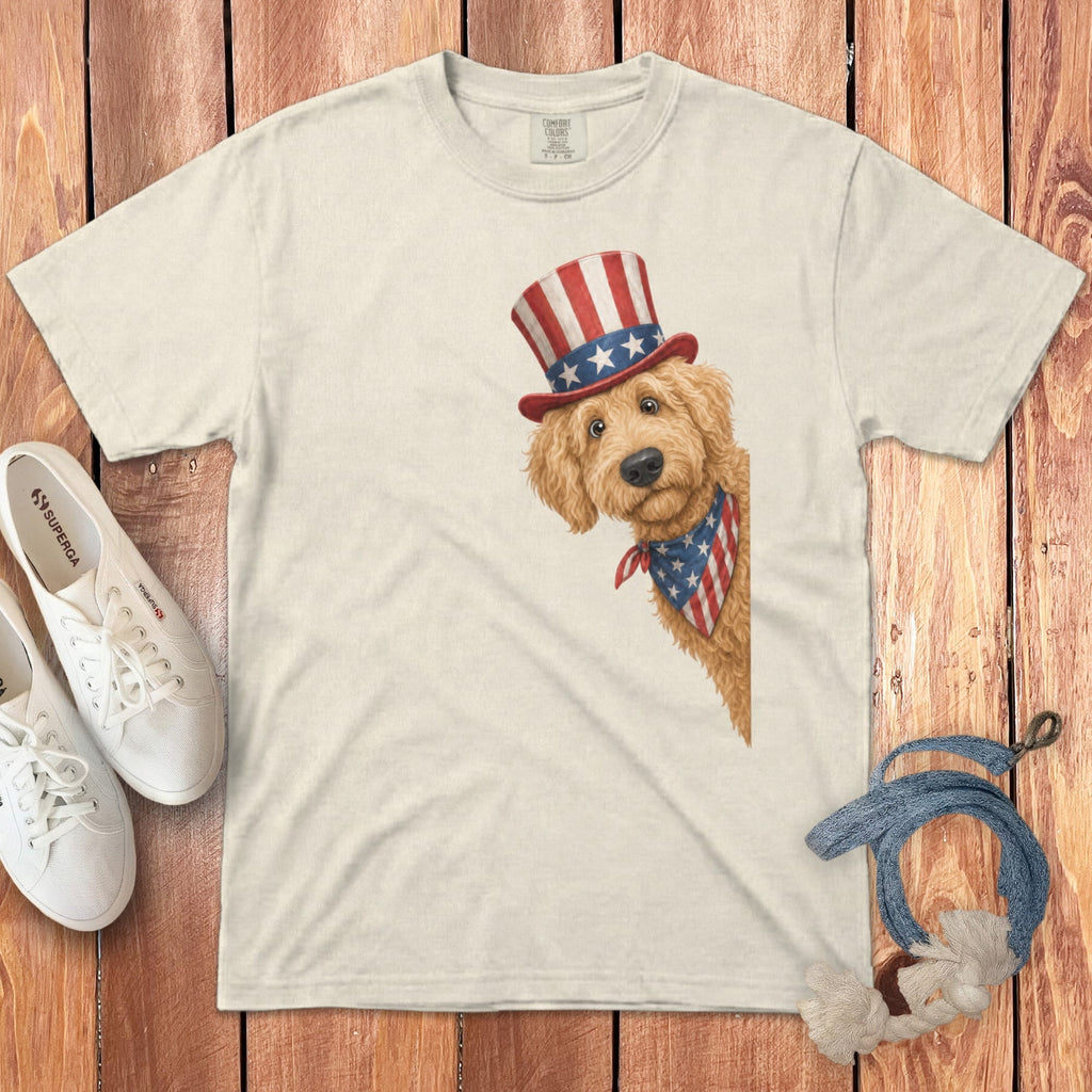 Patriotic Peeking Golden Goldendoodle Signature T-Shirt in Ivory / S by Puppy Jo