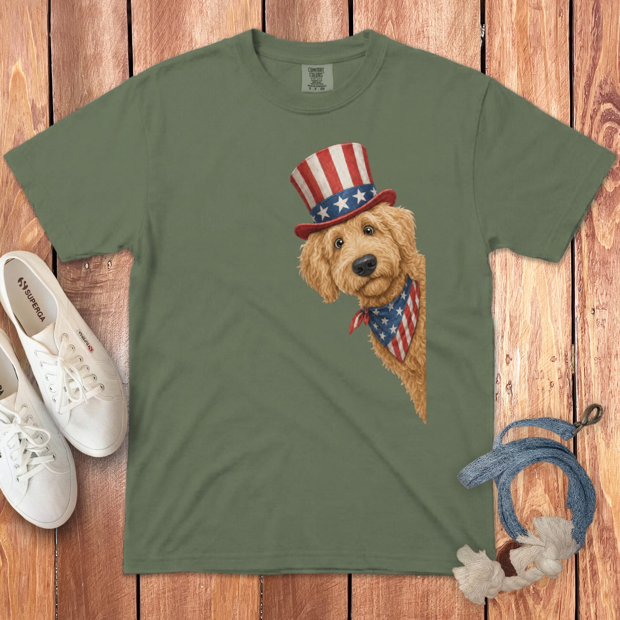 Patriotic Peeking Golden Goldendoodle Signature T-Shirt in Moss / S by Puppy Jo