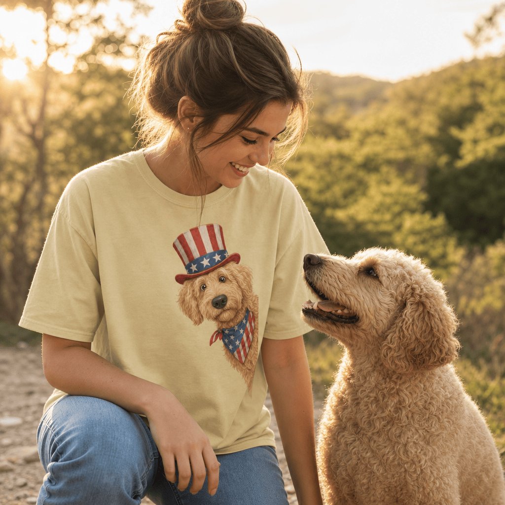 Patriotic Peeking Golden Goldendoodle Signature T-Shirt in by Puppy Jo