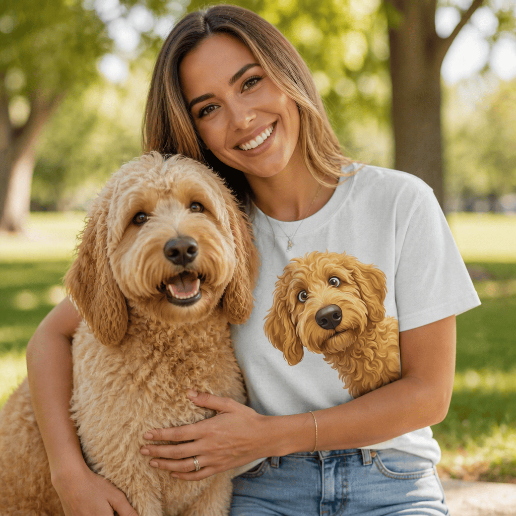 Patriotic Peeking Golden Goldendoodle Signature T-Shirt in by Puppy Jo