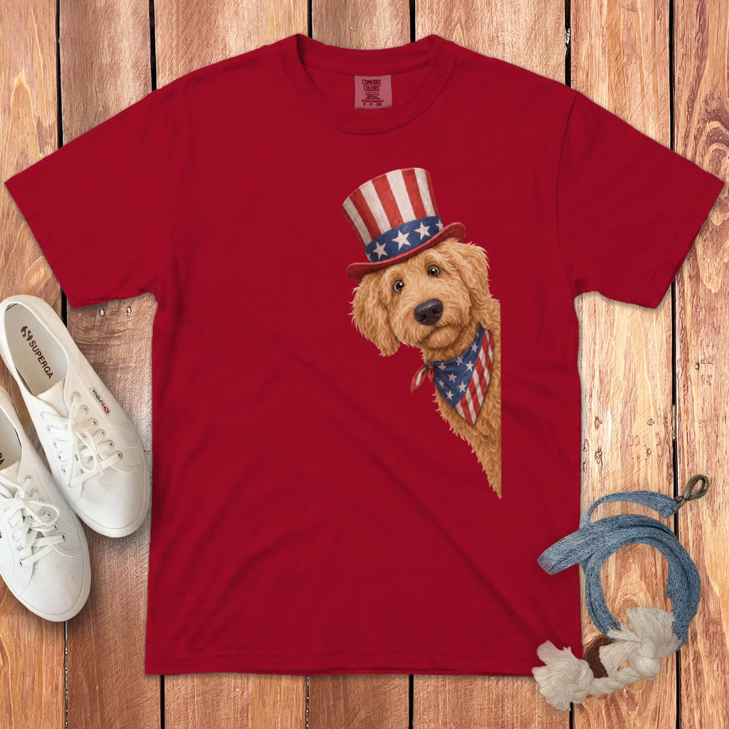 Patriotic Peeking Golden Goldendoodle Signature T-Shirt in Red / S by Puppy Jo