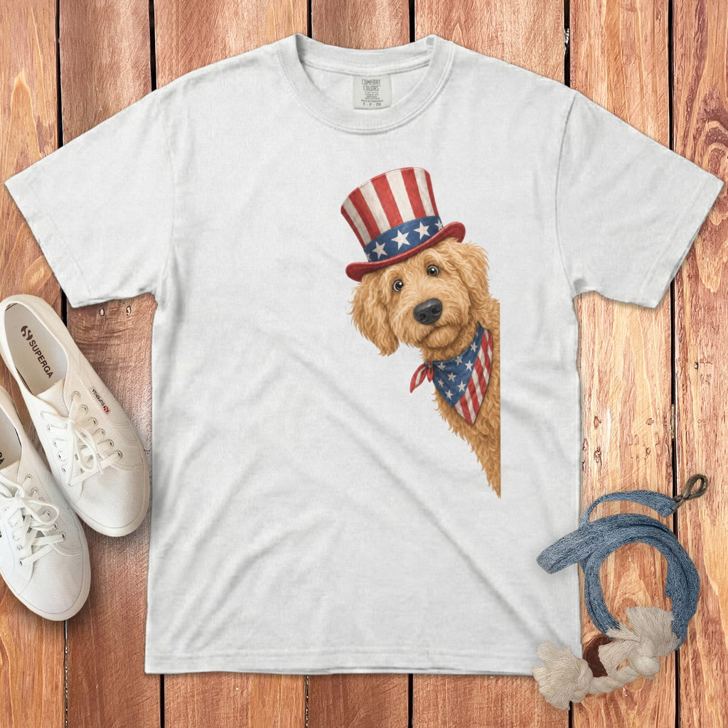Patriotic Peeking Golden Goldendoodle Signature T-Shirt in White / S by Puppy Jo
