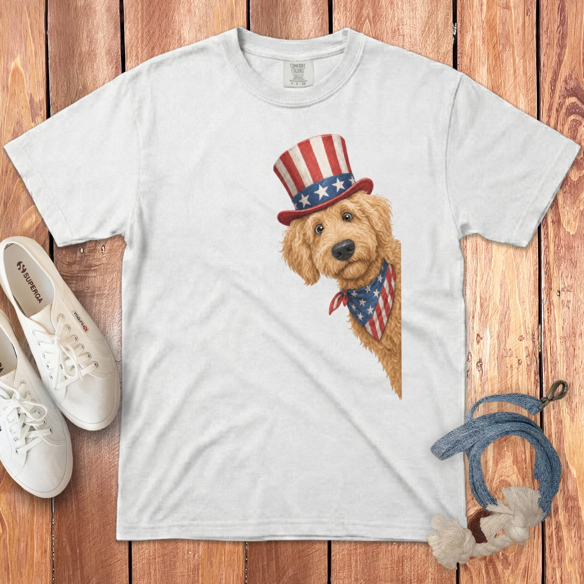 Patriotic Peeking Golden Goldendoodle Signature T-Shirt in White / S by Puppy Jo
