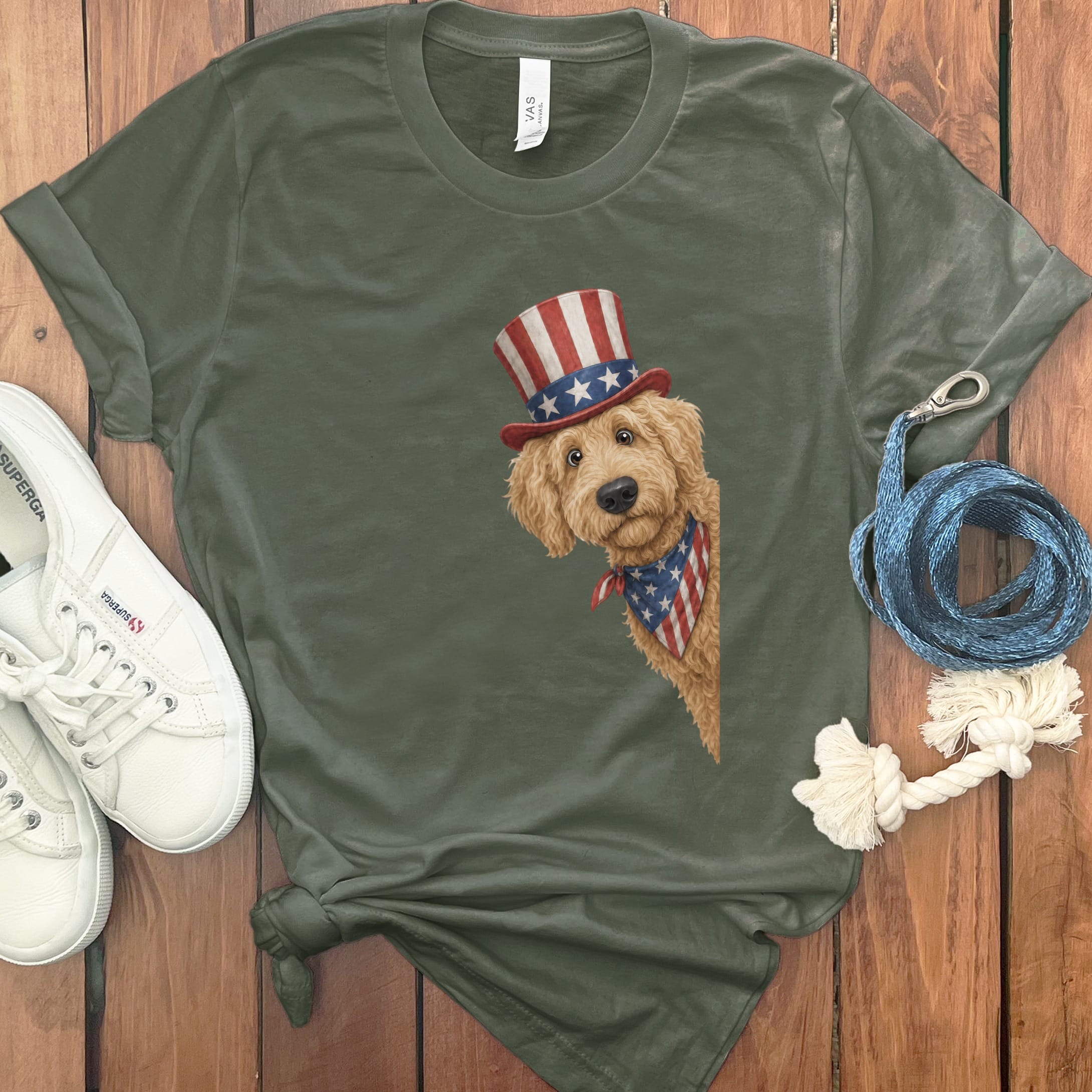 Patriotic Peeking Golden Goldendoodle T-Shirt in Military Green / S by Puppy Jo