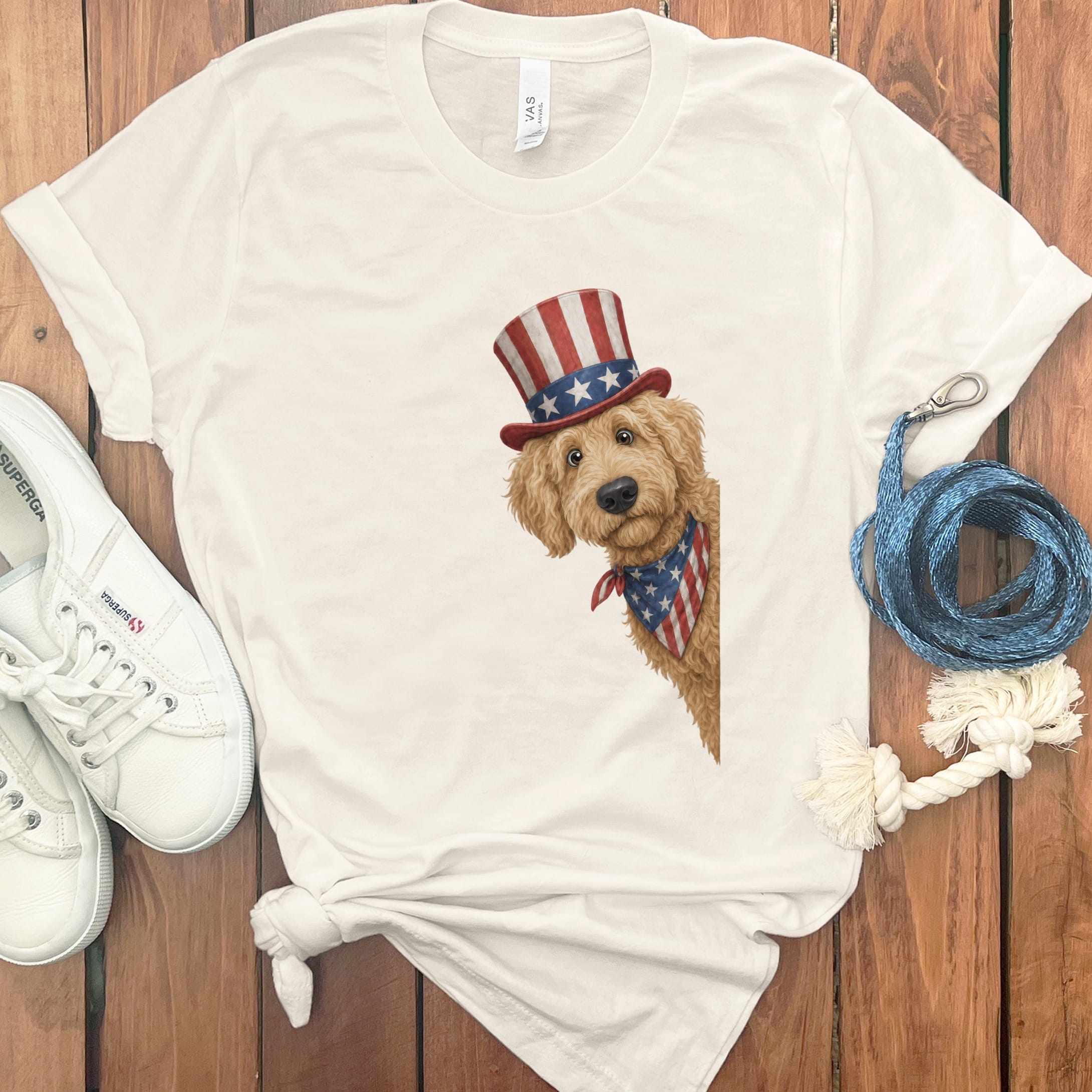 Patriotic Peeking Golden Goldendoodle T-Shirt in Natural / S by Puppy Jo