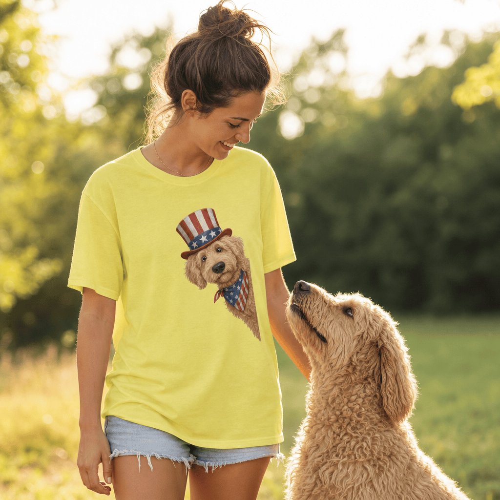 Patriotic Peeking Golden Goldendoodle T-Shirt in by Puppy Jo