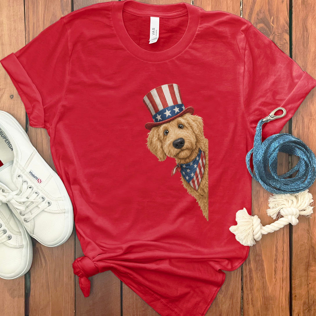 Patriotic Peeking Golden Goldendoodle T-Shirt in Red / S by Puppy Jo