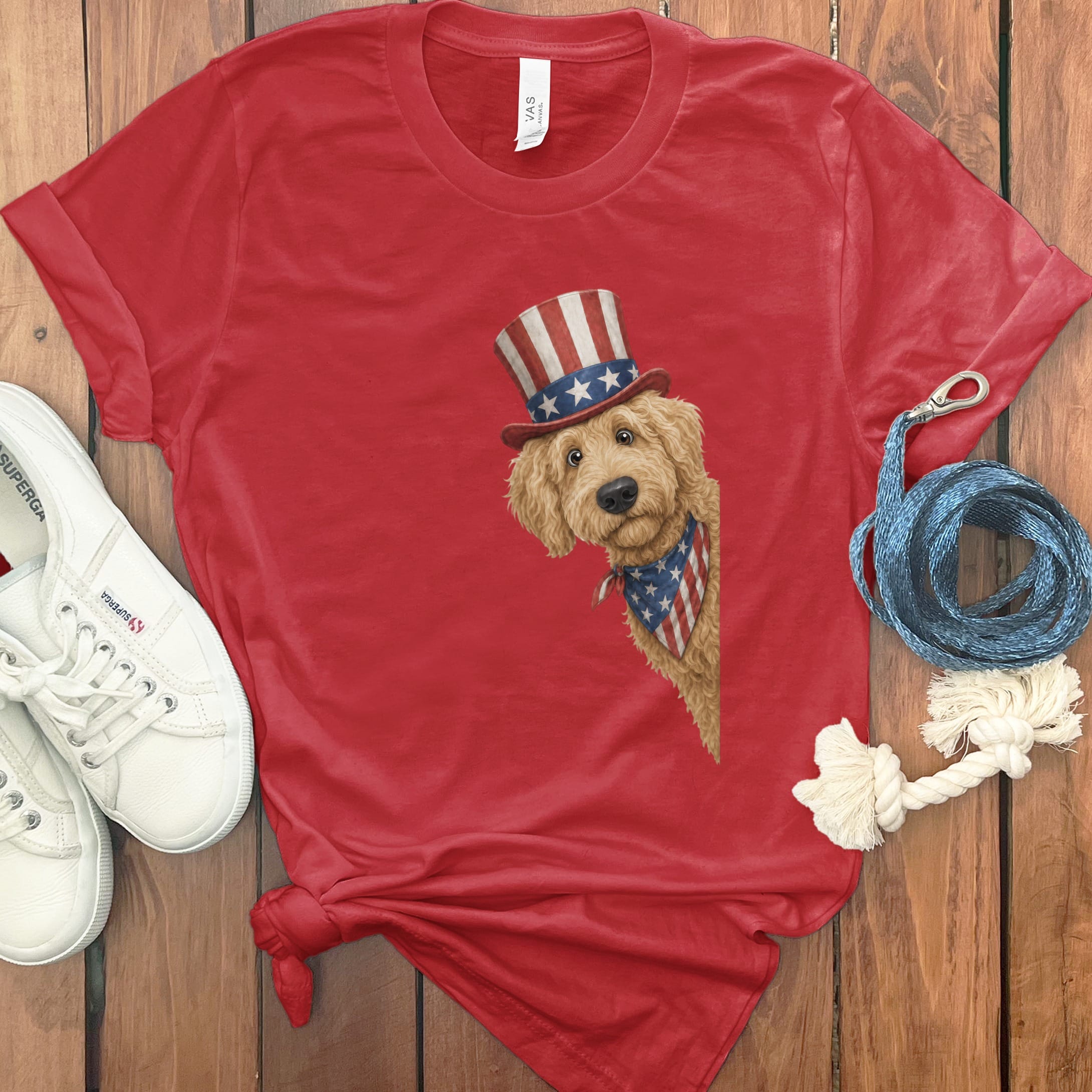 Patriotic Peeking Golden Goldendoodle T-Shirt in Red / S by Puppy Jo