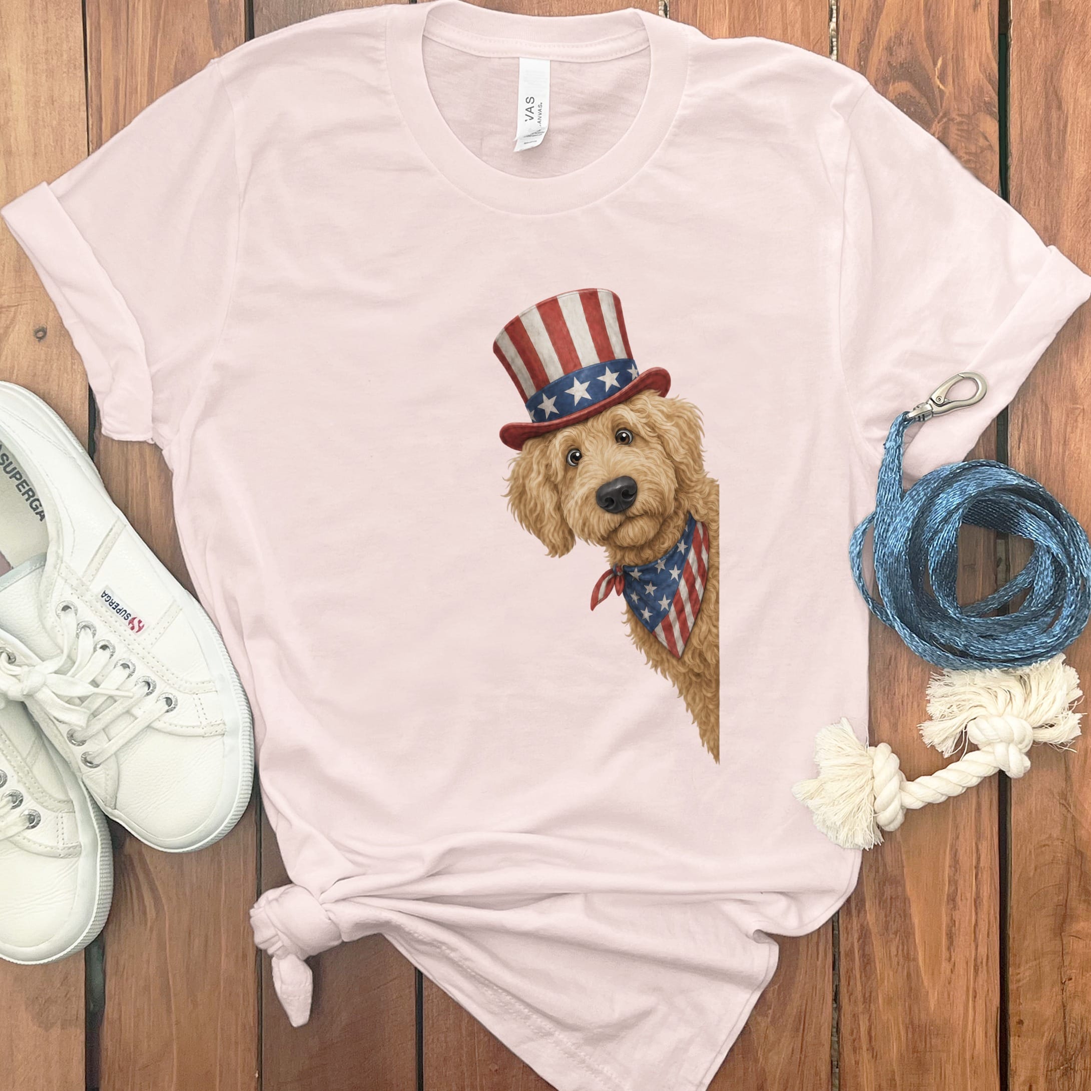 Patriotic Peeking Golden Goldendoodle T-Shirt in Soft Pink / S by Puppy Jo