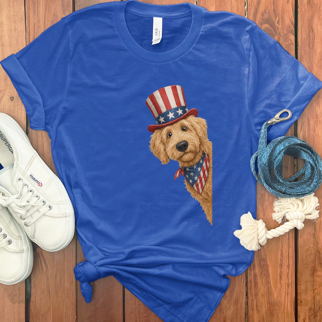 Patriotic Peeking Golden Goldendoodle T-Shirt in True Royal / S by Puppy Jo