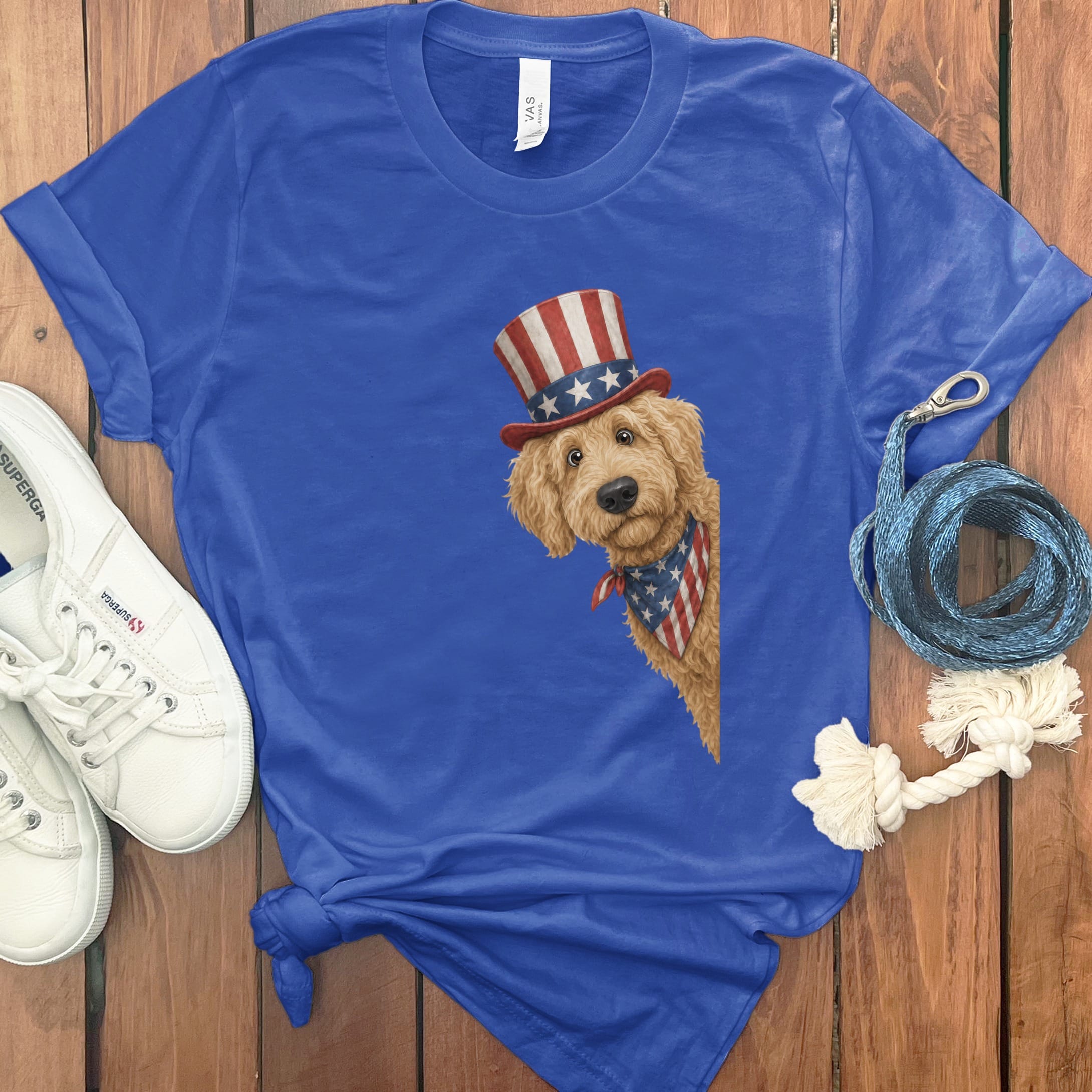 Patriotic Peeking Golden Goldendoodle T-Shirt in True Royal / S by Puppy Jo