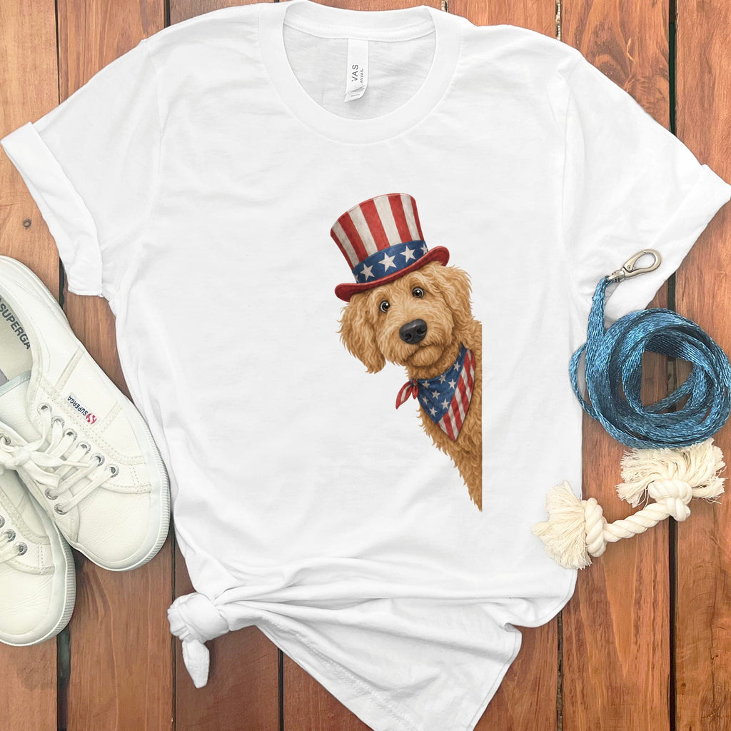 Patriotic Peeking Golden Goldendoodle T-Shirt in White / S by Puppy Jo