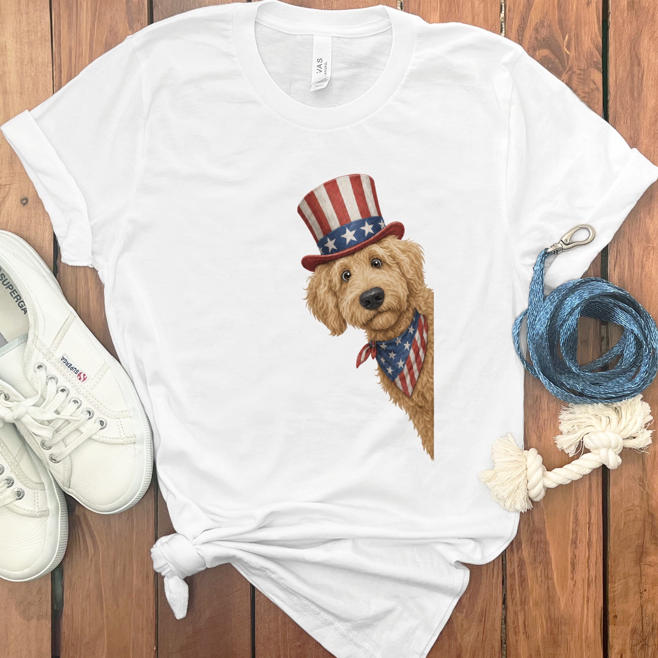 Patriotic Peeking Golden Goldendoodle T-Shirt in White / S by Puppy Jo