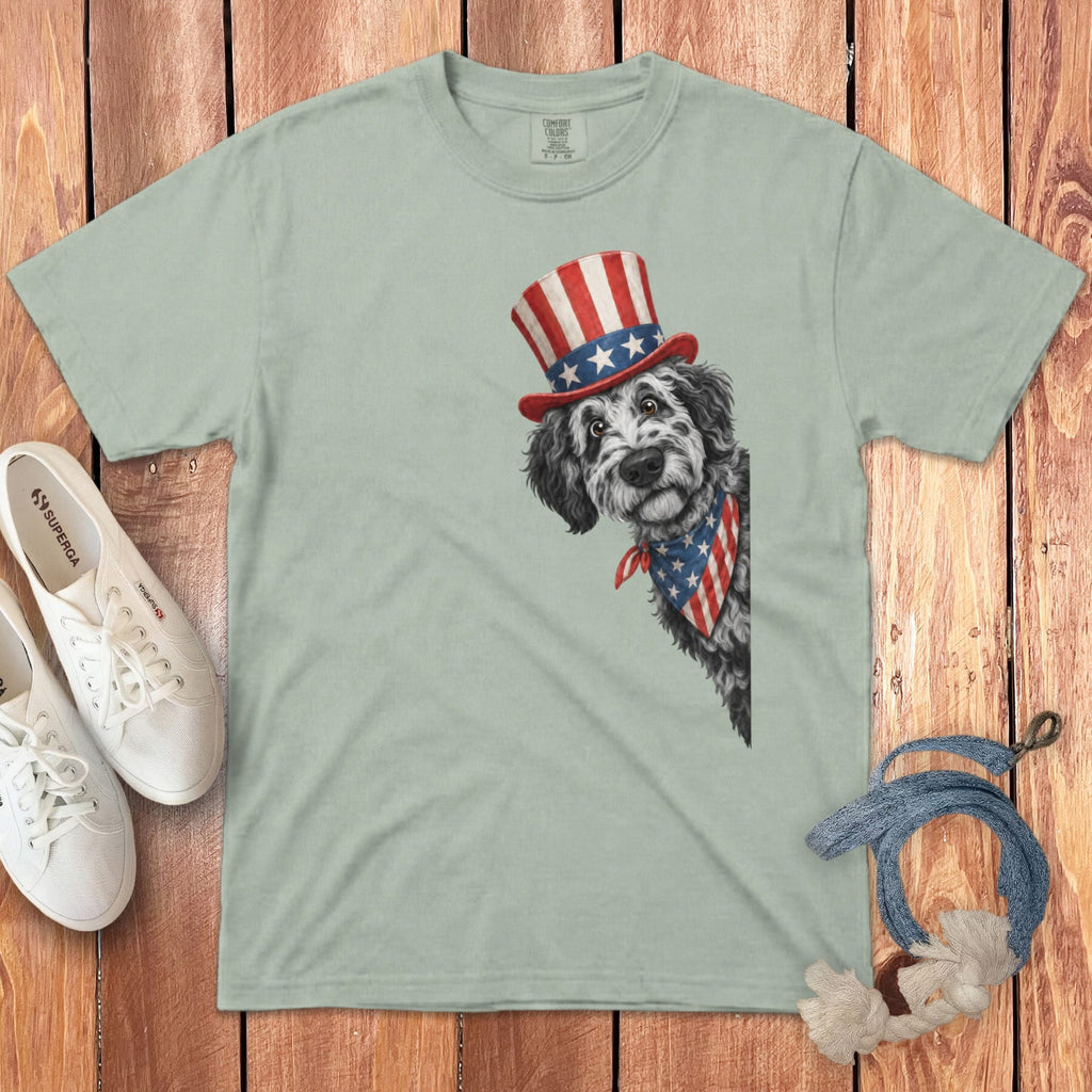 Patriotic Peeking Merle Goldendoodle Signature T-Shirt in Bay / S by Puppy Jo