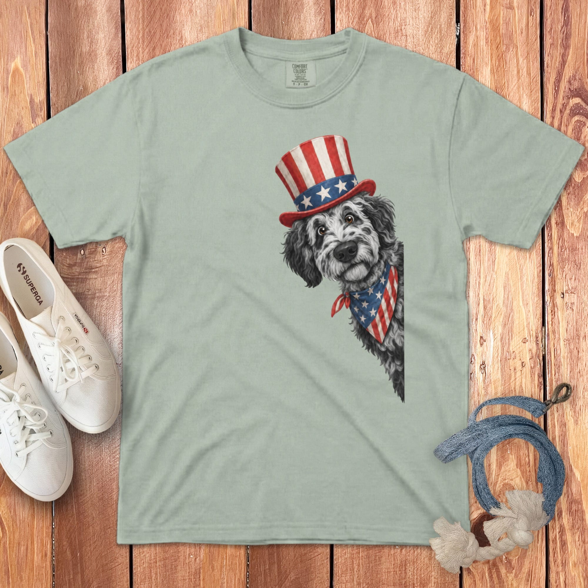 Patriotic Peeking Merle Goldendoodle Signature T-Shirt in Bay / S by Puppy Jo
