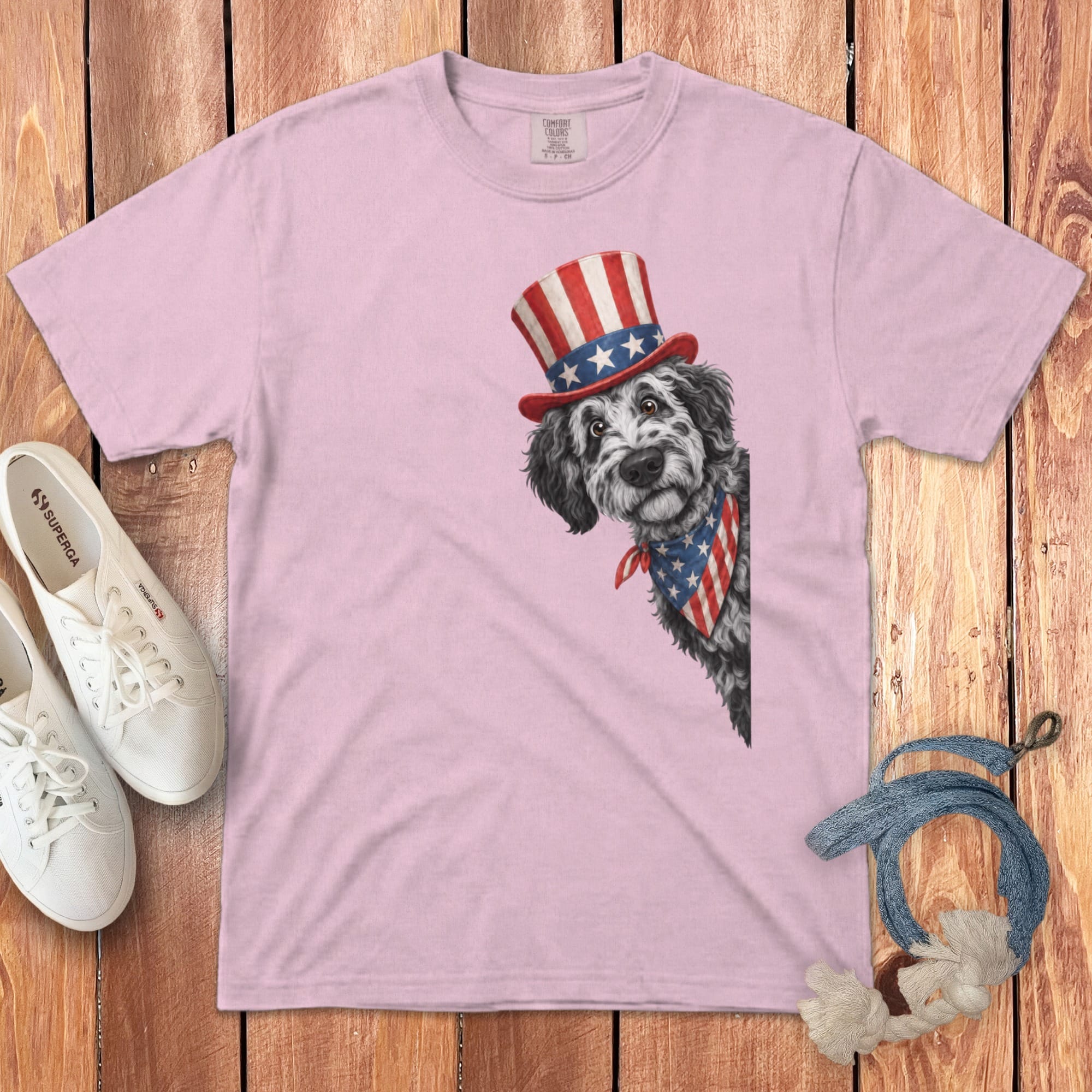 Patriotic Peeking Merle Goldendoodle Signature T-Shirt in Blossom / S by Puppy Jo