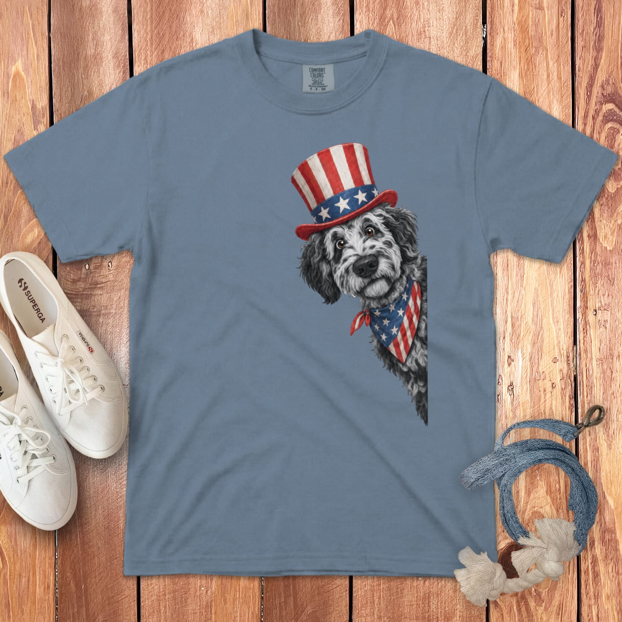 Patriotic Peeking Merle Goldendoodle Signature T-Shirt in Blue Jean / S by Puppy Jo