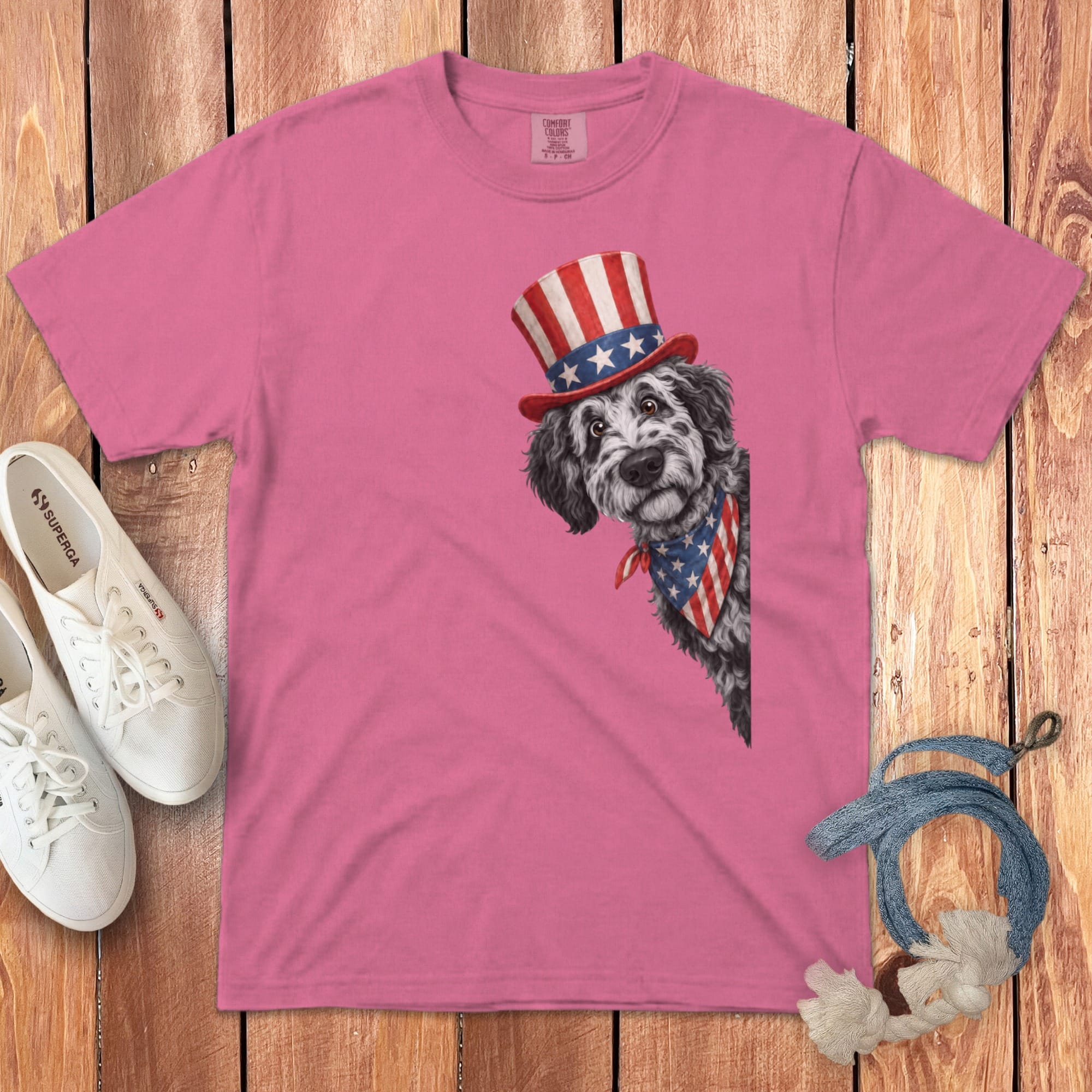 Patriotic Peeking Merle Goldendoodle Signature T-Shirt in Crunchberry / S by Puppy Jo