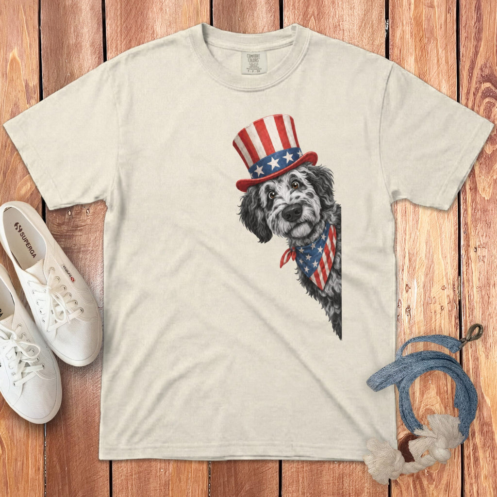 Patriotic Peeking Merle Goldendoodle Signature T-Shirt in Ivory / S by Puppy Jo