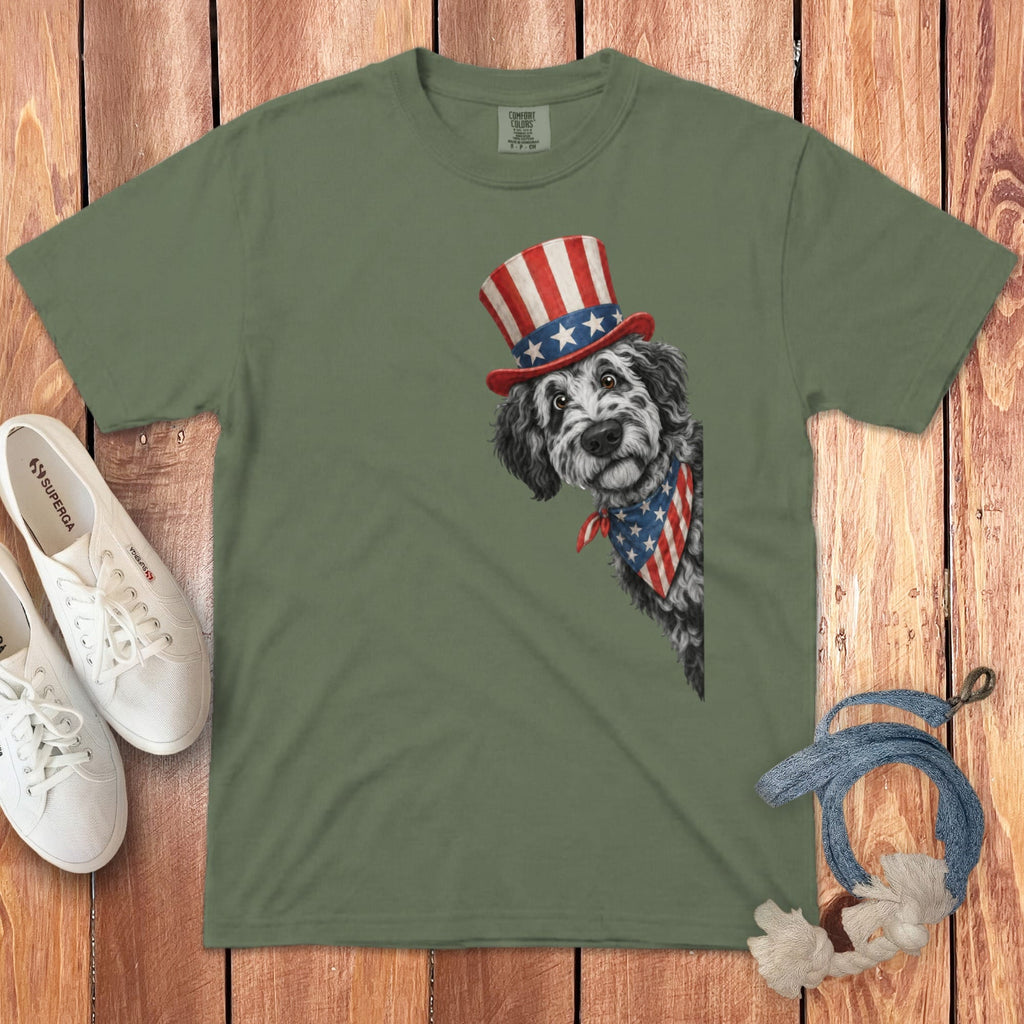Patriotic Peeking Merle Goldendoodle Signature T-Shirt in Moss / S by Puppy Jo