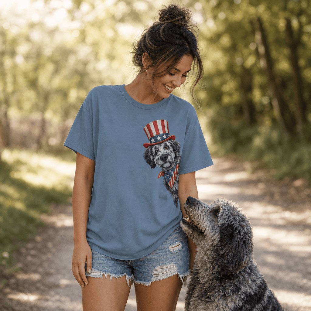 Patriotic Peeking Merle Goldendoodle Signature T-Shirt in by Puppy Jo