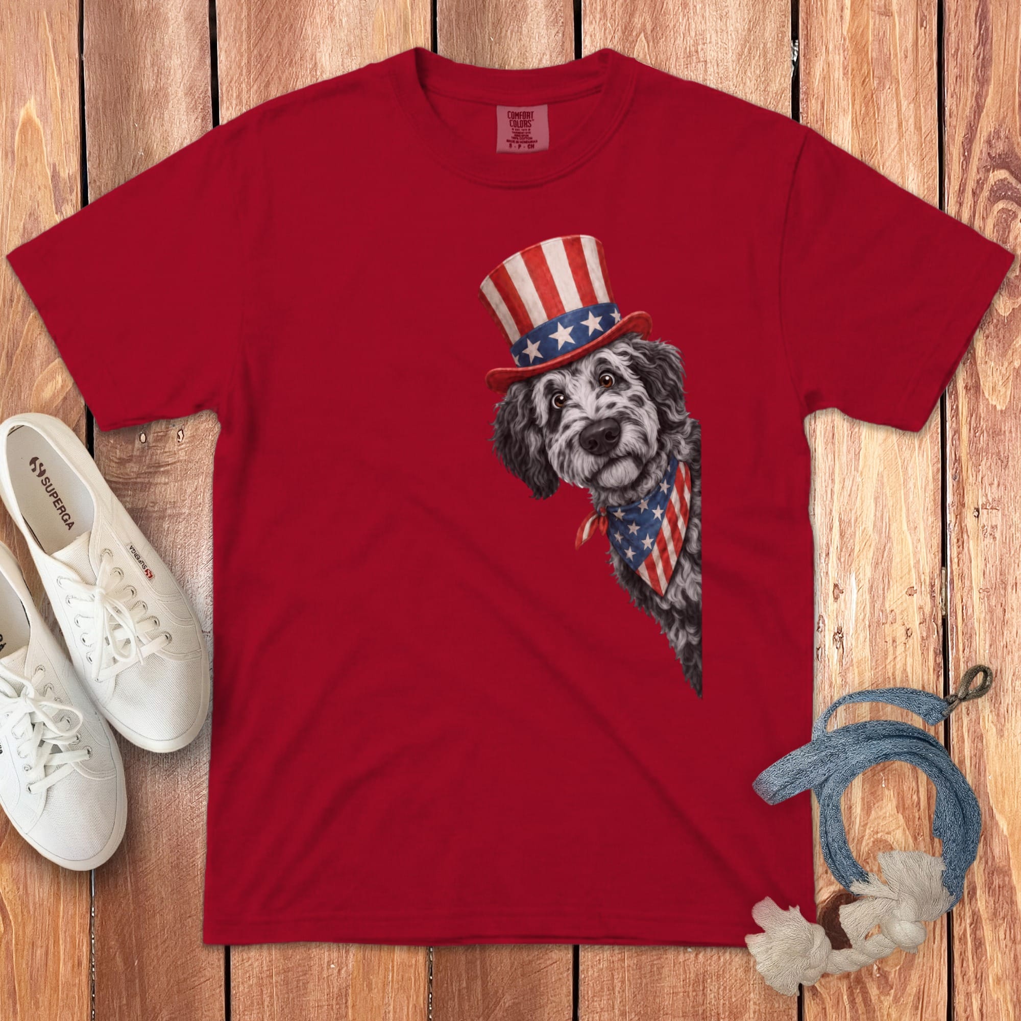 Patriotic Peeking Merle Goldendoodle Signature T-Shirt in Red / S by Puppy Jo