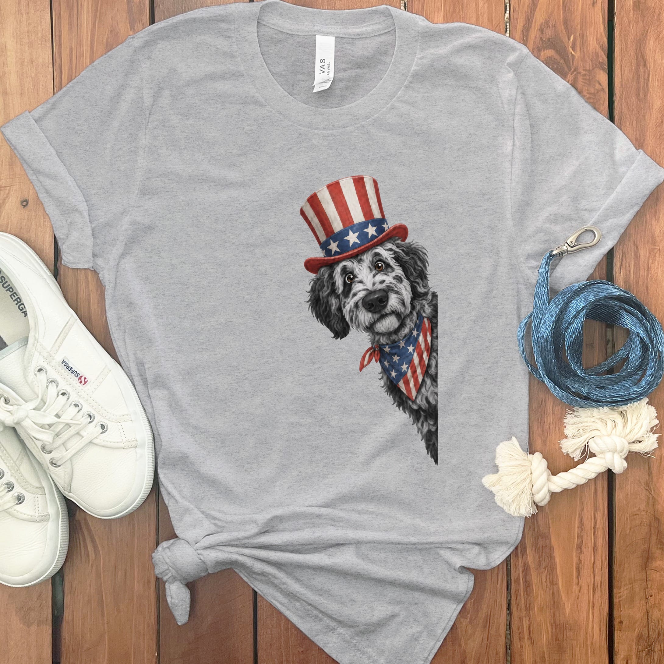 Patriotic Peeking Merle Goldendoodle T-Shirt in Athletic Heather / S by Puppy Jo