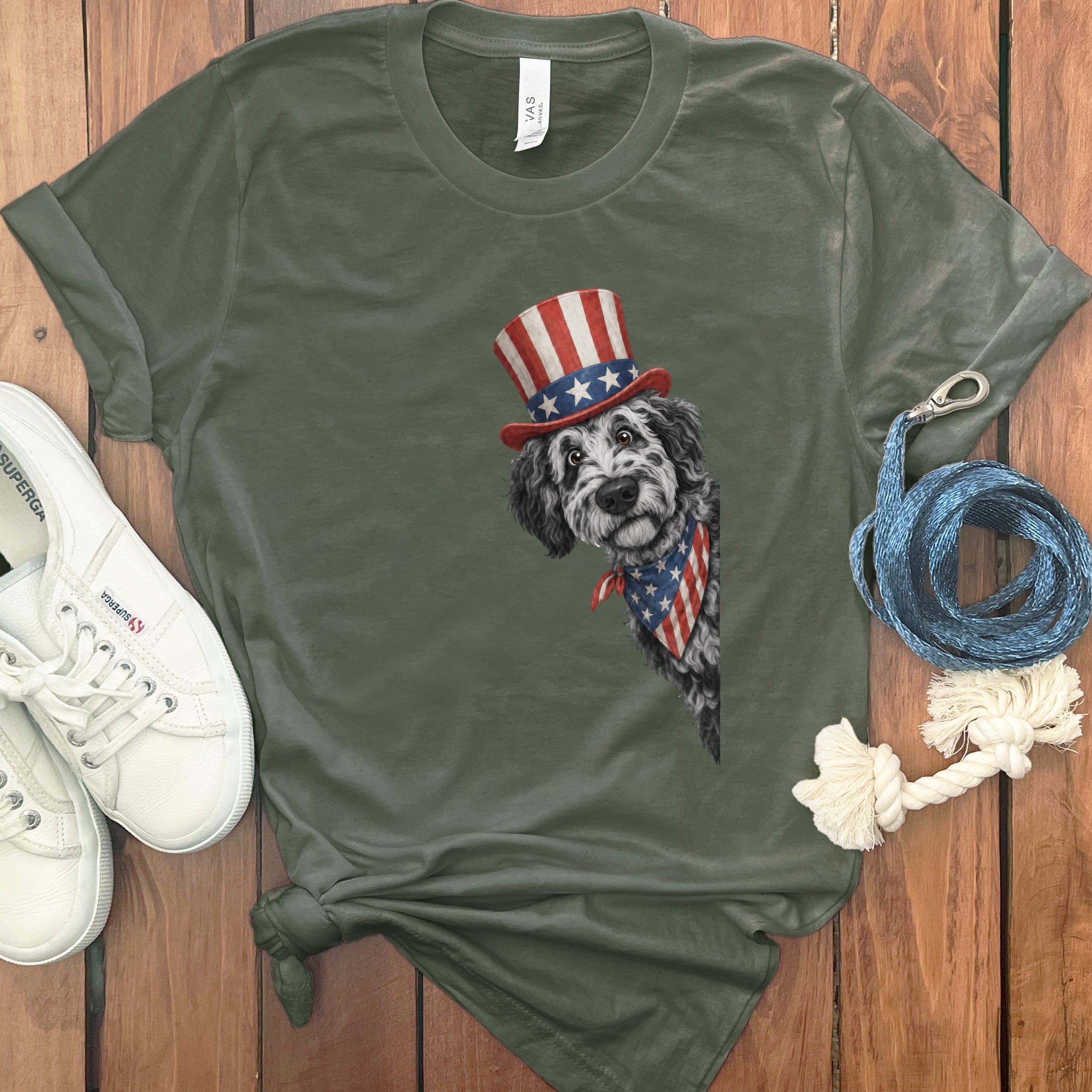 Patriotic Peeking Merle Goldendoodle T-Shirt in Military Green / S by Puppy Jo