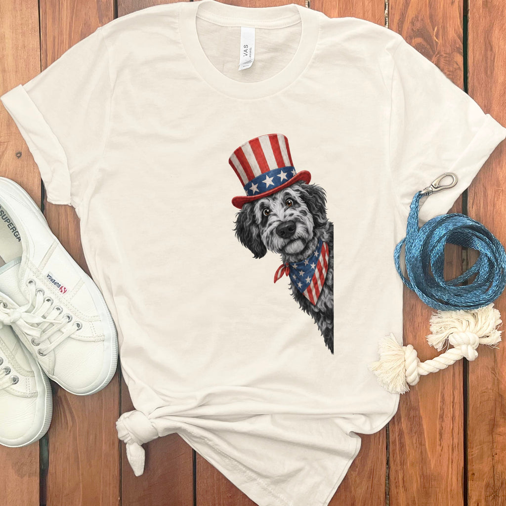 Patriotic Peeking Merle Goldendoodle T-Shirt in Natural / S by Puppy Jo