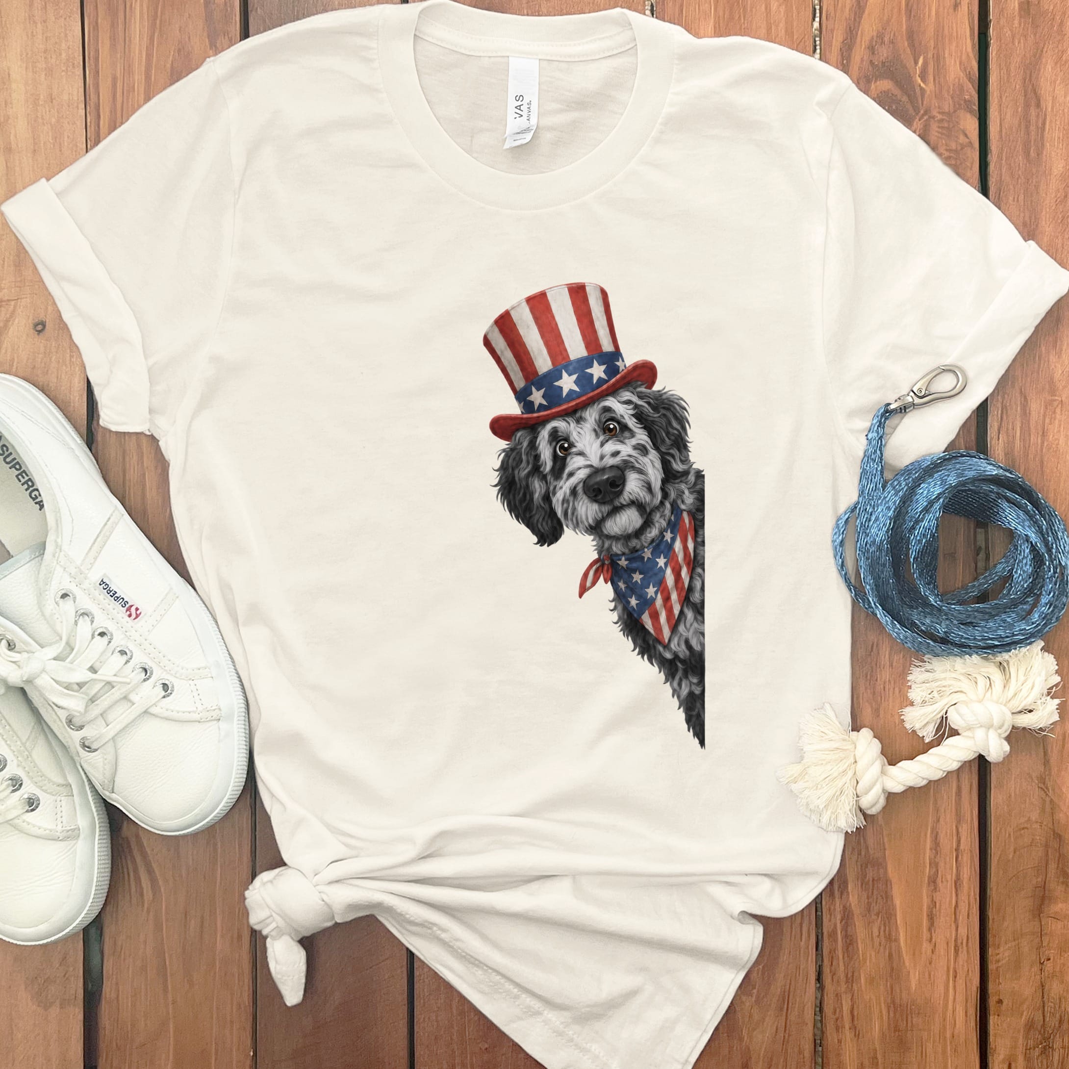 Patriotic Peeking Merle Goldendoodle T-Shirt in Natural / S by Puppy Jo