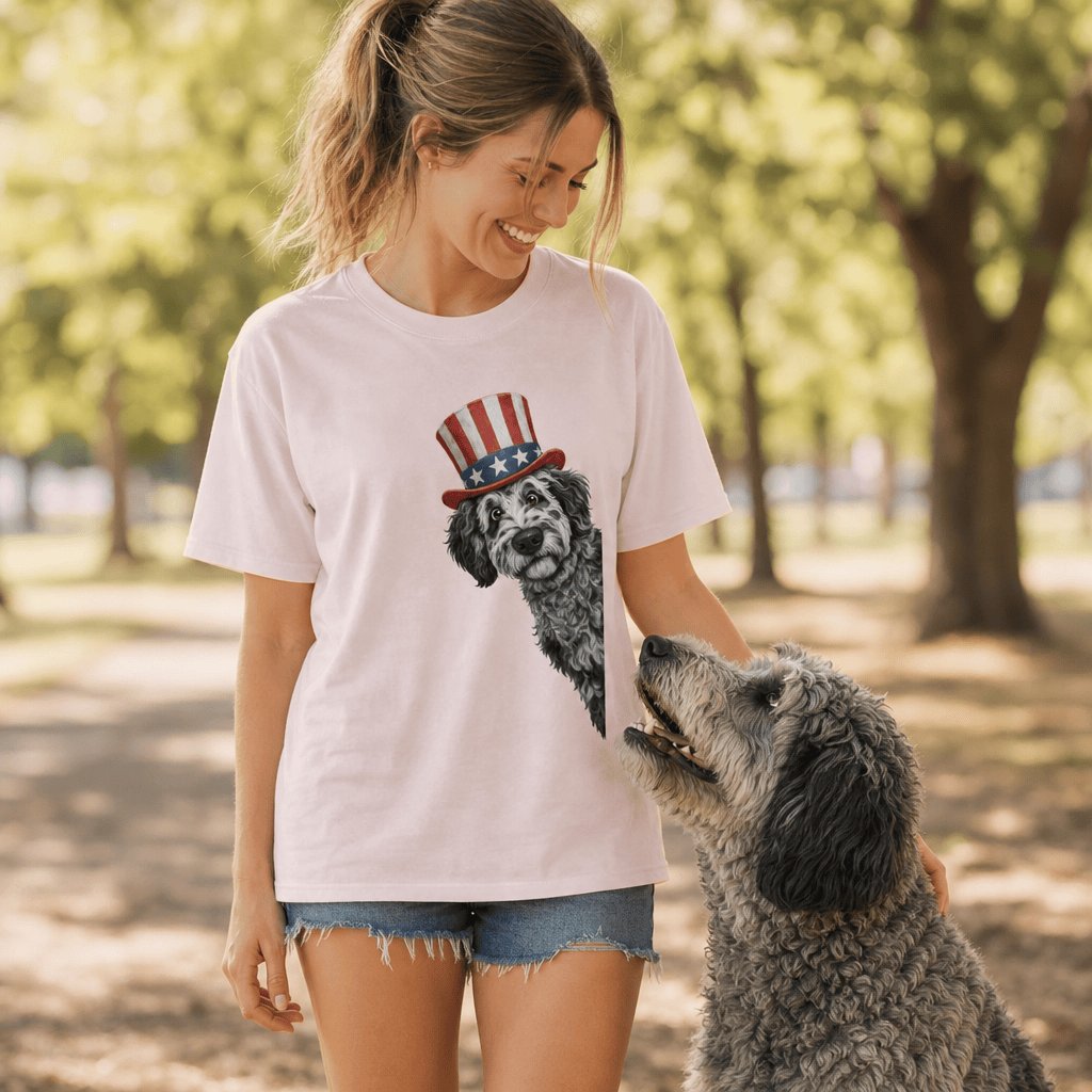 Patriotic Peeking Merle Goldendoodle T-Shirt in by Puppy Jo