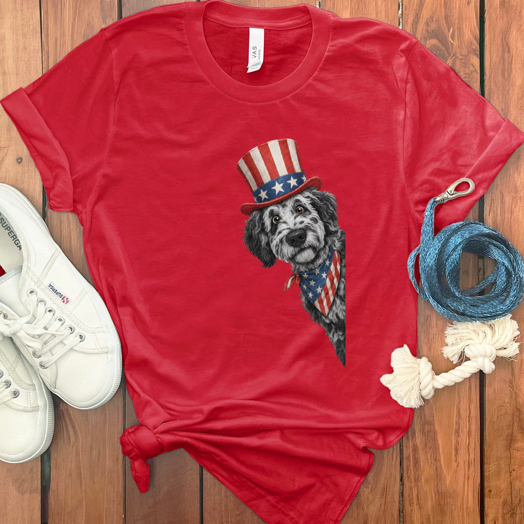 Patriotic Peeking Merle Goldendoodle T-Shirt in Red / S by Puppy Jo