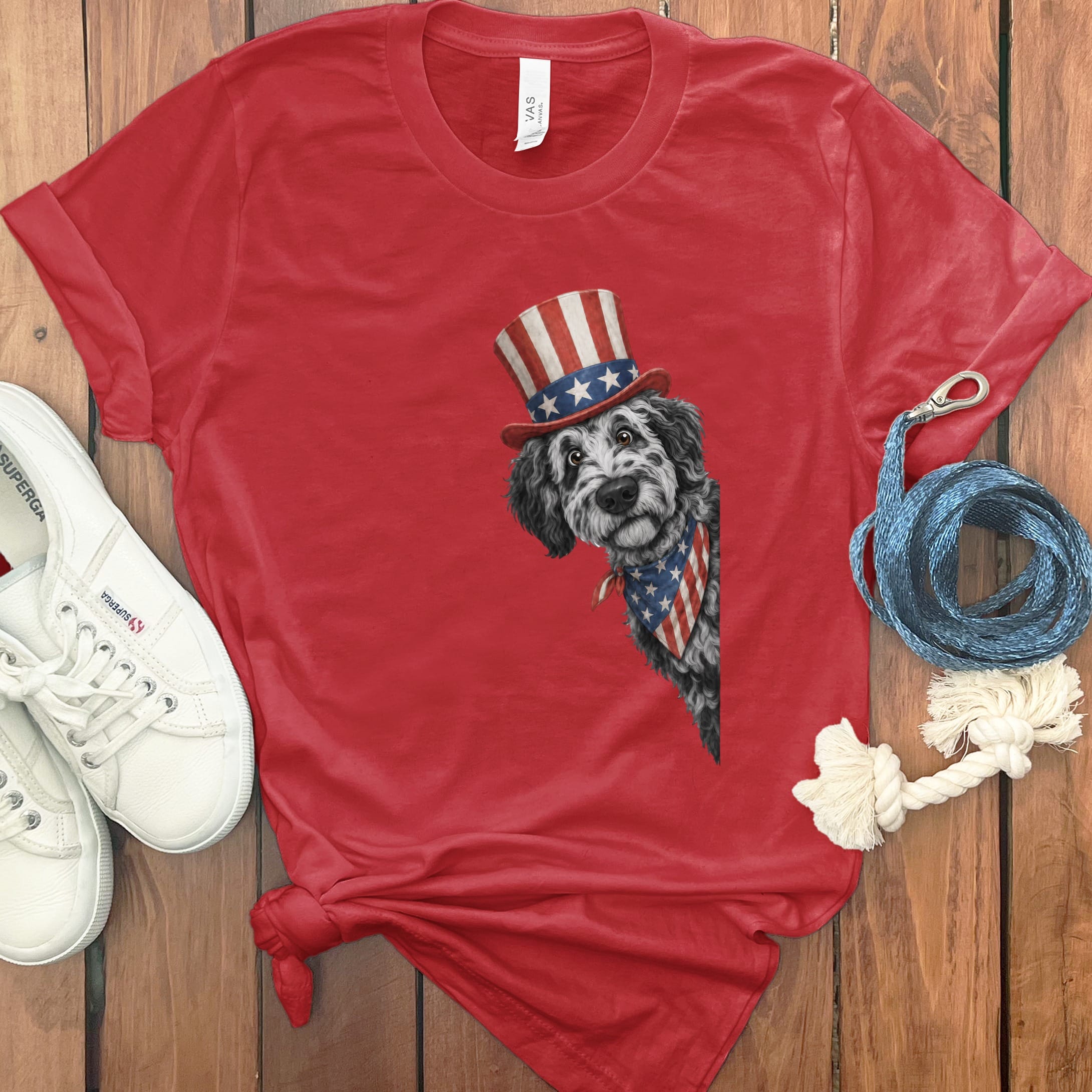 Patriotic Peeking Merle Goldendoodle T-Shirt in Red / S by Puppy Jo