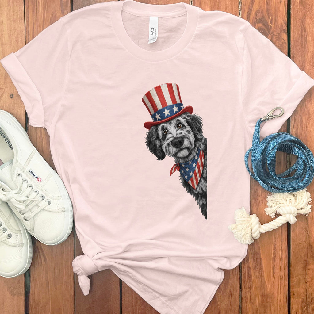 Patriotic Peeking Merle Goldendoodle T-Shirt in Soft Pink / S by Puppy Jo