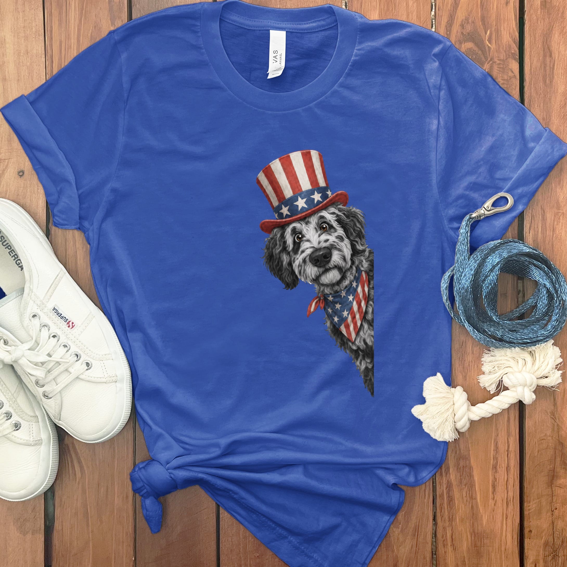 Patriotic Peeking Merle Goldendoodle T-Shirt in True Royal / S by Puppy Jo