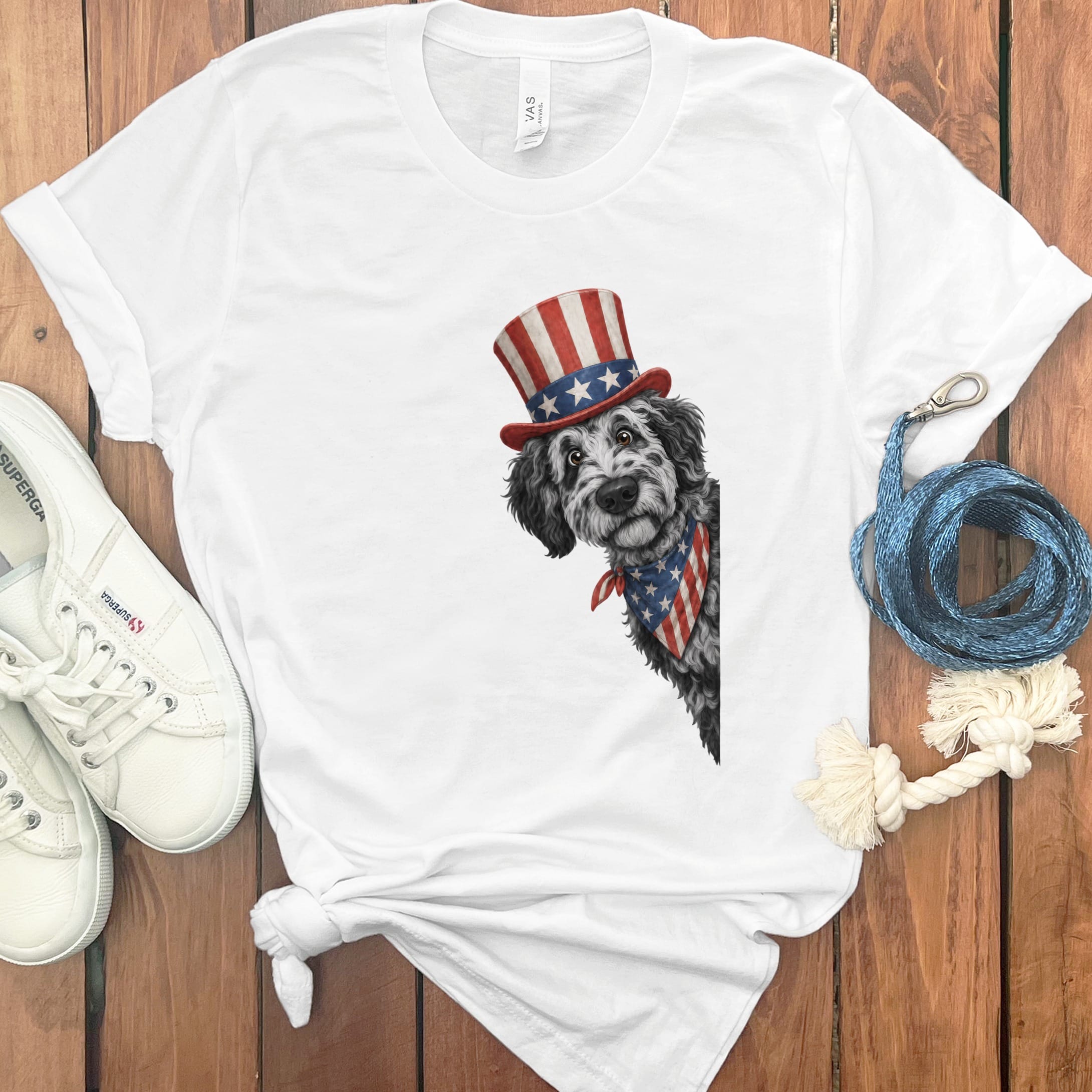 Patriotic Peeking Merle Goldendoodle T-Shirt in White / S by Puppy Jo