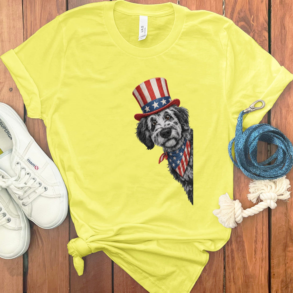 Patriotic Peeking Merle Goldendoodle T-Shirt in Yellow / S by Puppy Jo