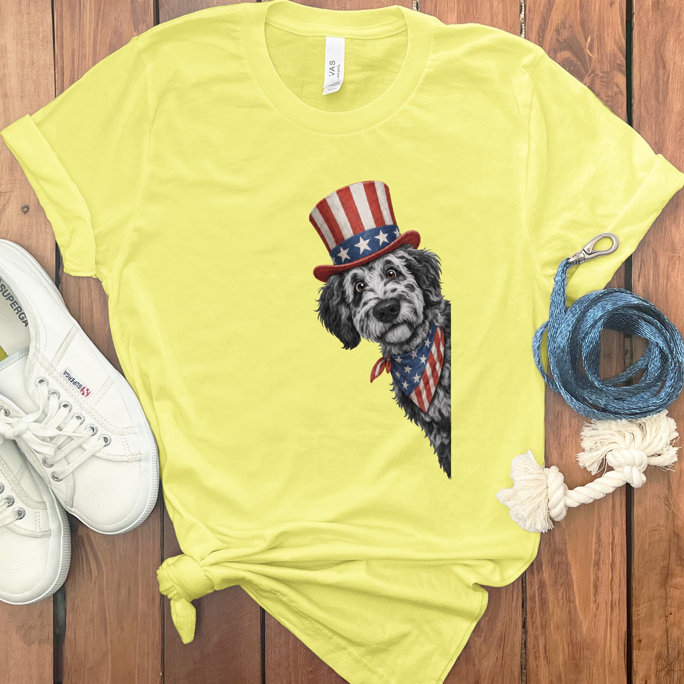 Patriotic Peeking Merle Goldendoodle T-Shirt in Yellow / S by Puppy Jo