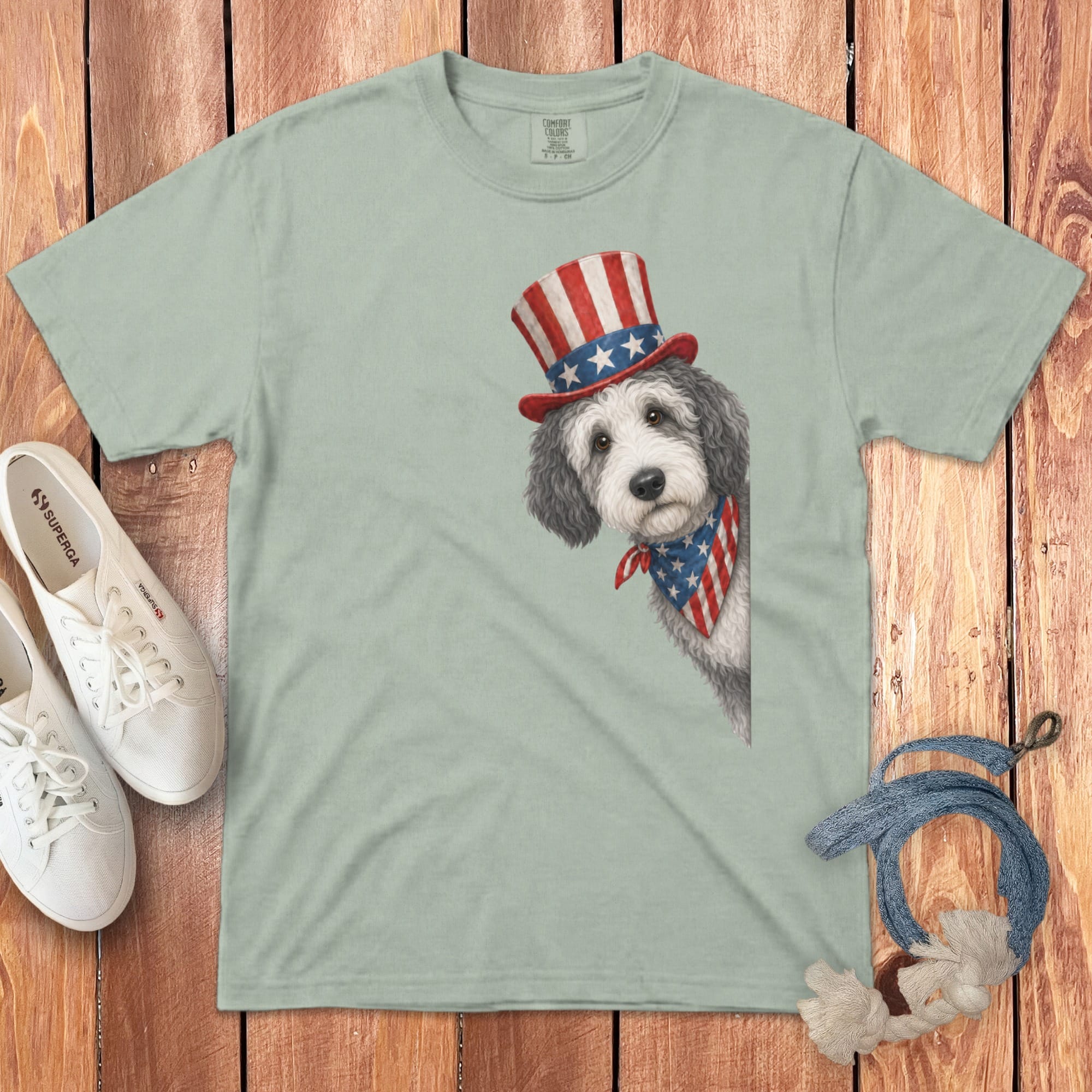 Patriotic Peeking Sheepadoodle Signature T-Shirt in Bay / S by Puppy Jo